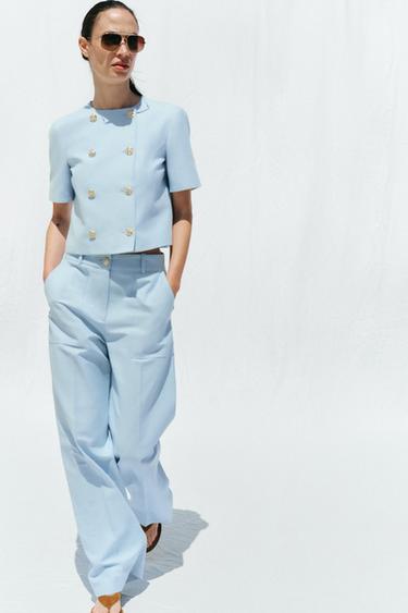 PANTALON DROIT BOUTON MÉTALLIQUE - Bleu ciel de Zara - Image 2