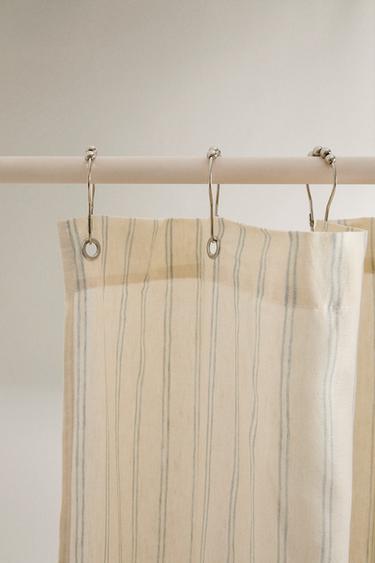 RIDEAU DE DOUCHE LIN RAYURES - Écru / Vert de Zara - Image 1