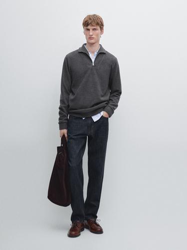 Zara Half-zip cotton blend polo shirt - Gray marl - Image 0