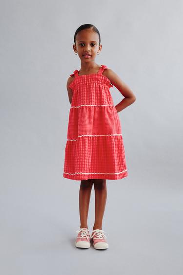 CASA LAWA © X ZARA KIDS CHECK DRESS WITH WAVY TRIM - Red / Coral by Zara - Image 4