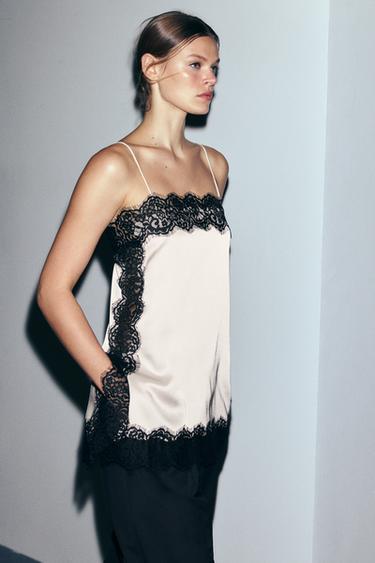 توب ساتان دانتيل ZW COLLECTION - أبيض / أسود الخاص بـ Zara