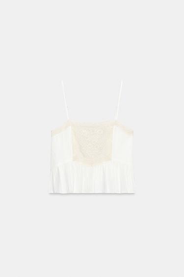 TOP EN GAZE À BRETELLES BRODÉES - Écru de Zara - Image 4