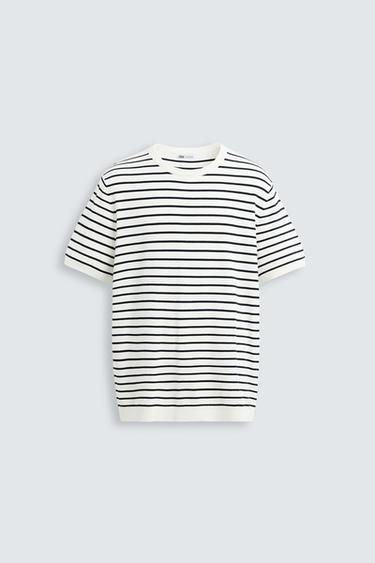 Zara VISCOSE BLEND KNIT T-SHIRT - Ecru / Blue