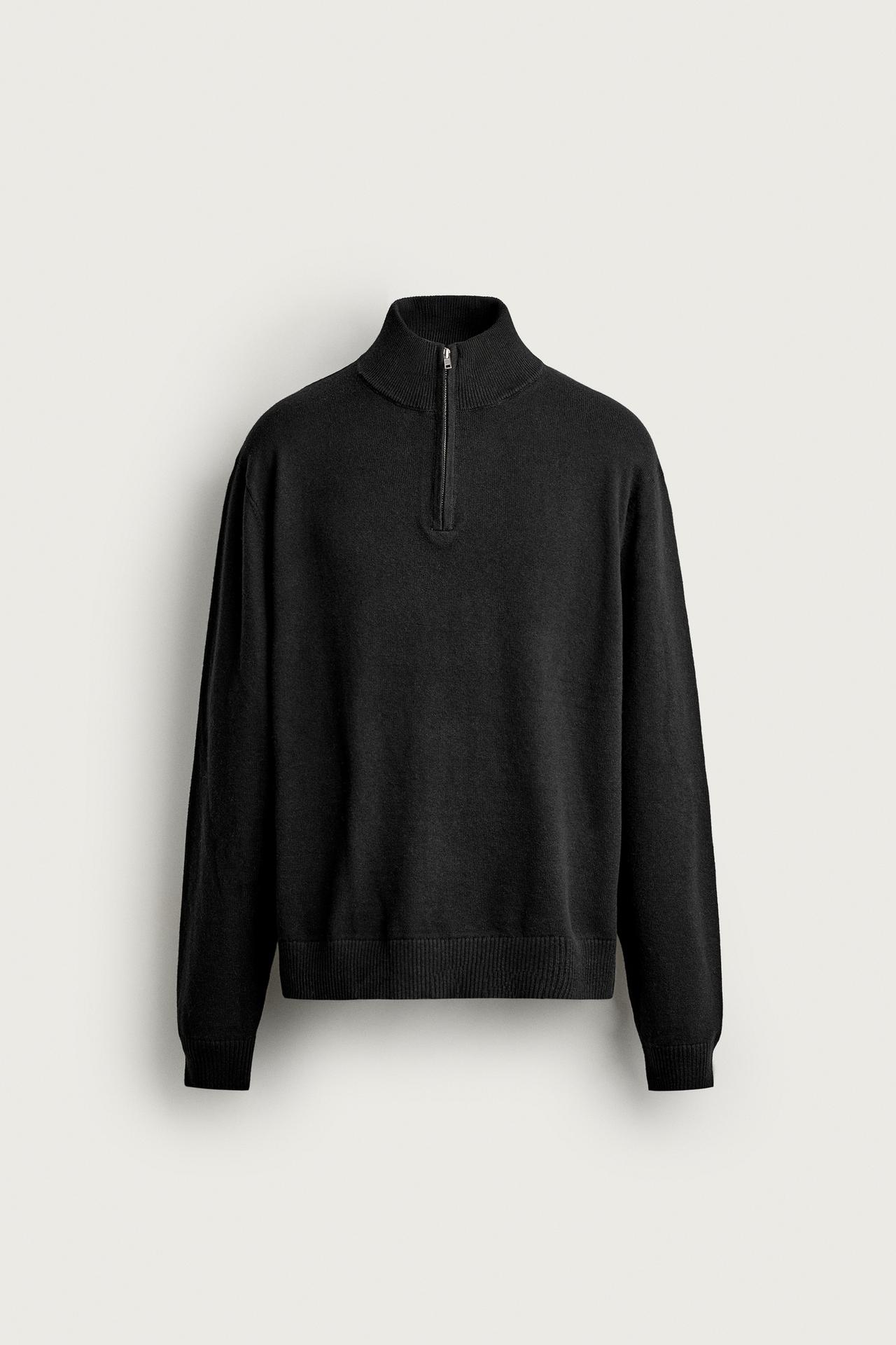 COTTON-WOOL BLEND QUARTER-ZIP SWEATER — Black