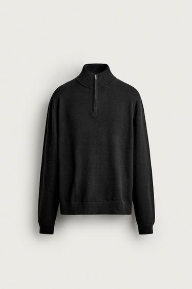 COTTON-WOOL BLEND QUARTER-ZIP SWEATER — Black 1