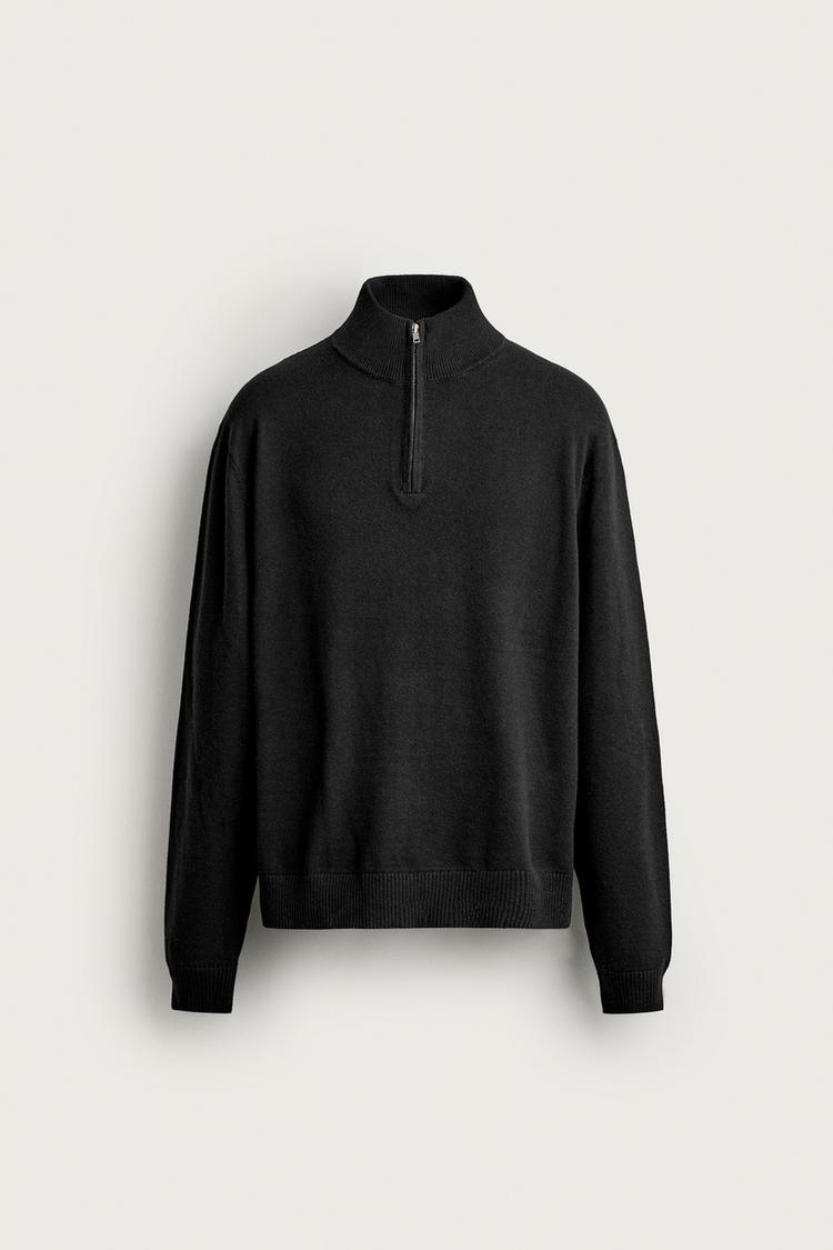 COTTON-WOOL BLEND QUARTER-ZIP SWEATER — Black