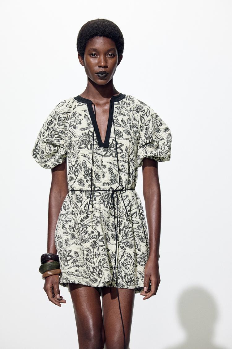BELTED JACQUARD DRESS - Ecru / Black | ZARA United States 