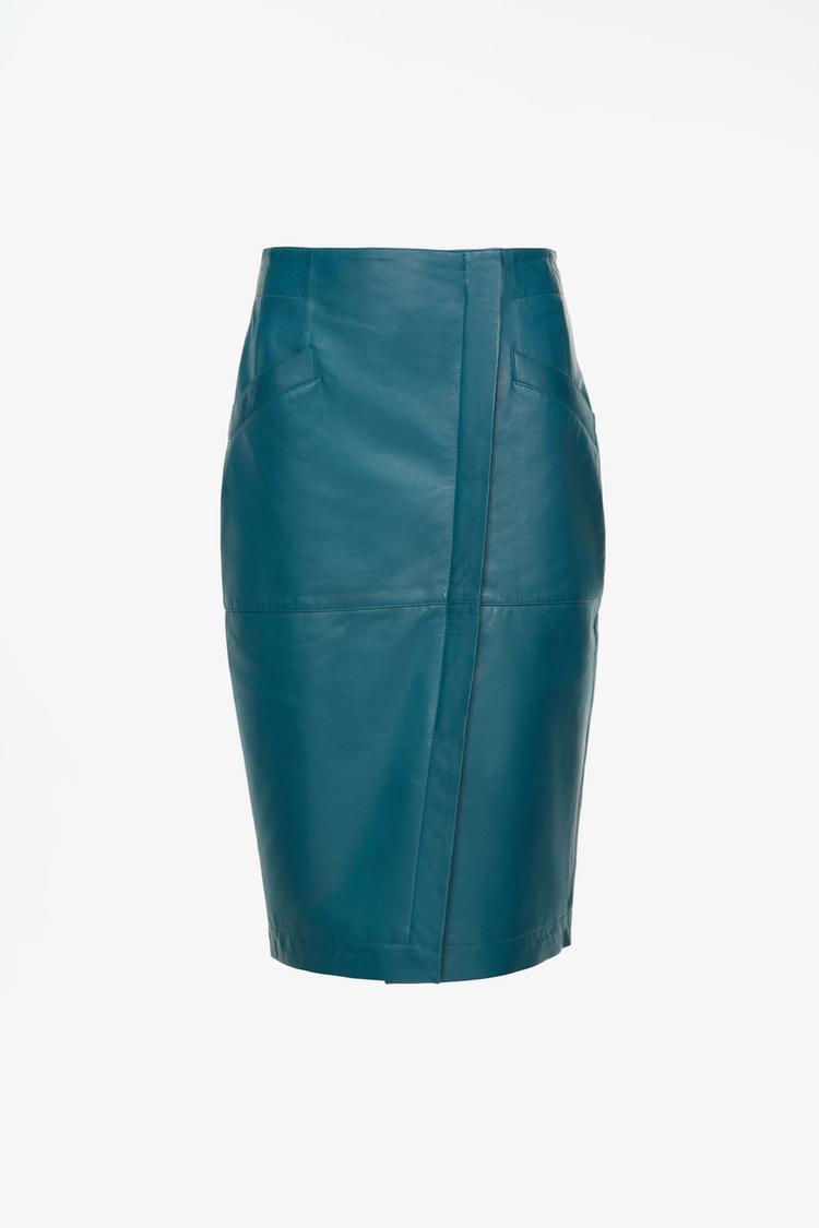 LIMITED EDITION 100% LEATHER MIDI SKIRT — Light blue