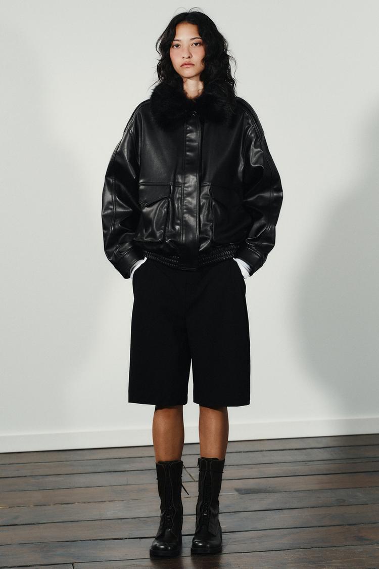 Zara Black Faux Oversized Biker Jacket With Fur NWT Zara Black
