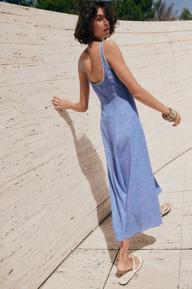 LINEN BLEND MIDI DRESS WITH LACE TRIM - Light blue by Zara