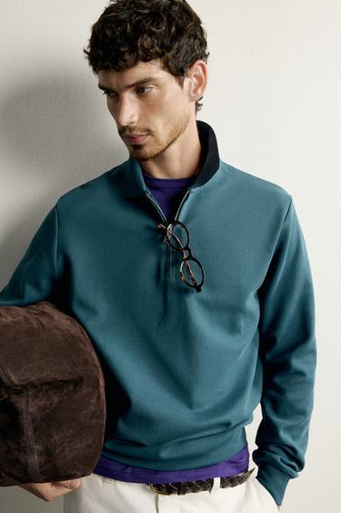 Zara ZIP-UP INTERLOCK POLO SWEATSHIRT - Petrol blue