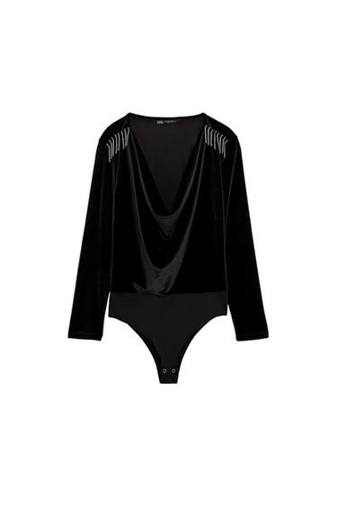 BEADED SHOULDER VELVET BODYSUIT