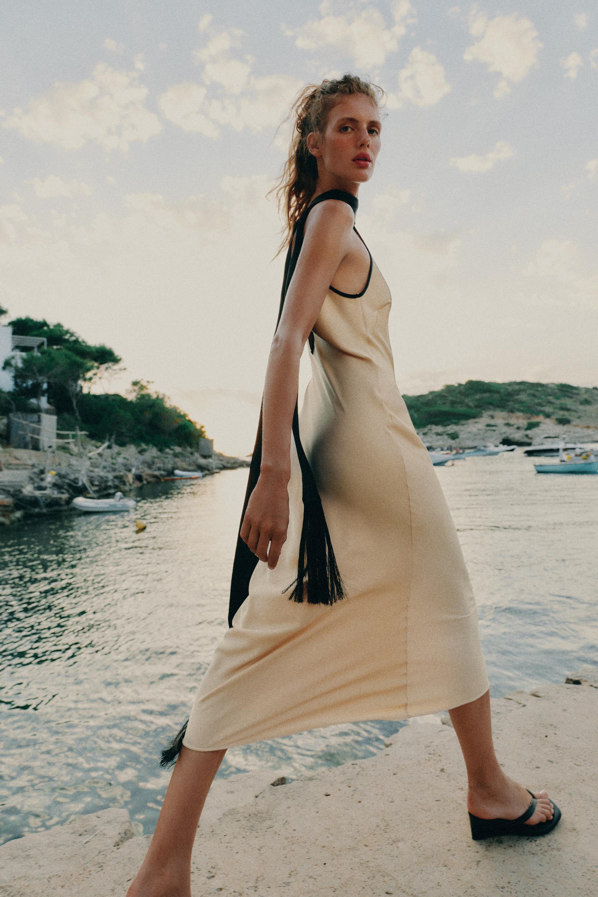 SATIN MIDI DRESS WITH CONTRAST PIPING
