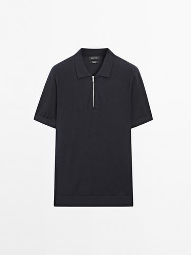 Zara Knit polo shirt with zip collar - Navy blue