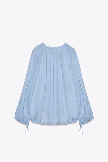 ZW COLLECTION TIE-DETAIL ROUND NECK SHIRT - Light blue by Zara - Image 2