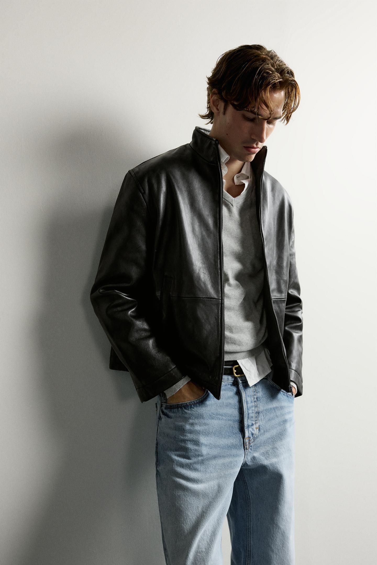 Мужская куртка Zara Washed Effect Leather, цвет: Чёрный — фото 6