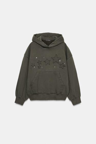 Zara WASHED STAR STUD SWEATSHIRT - Dark brown