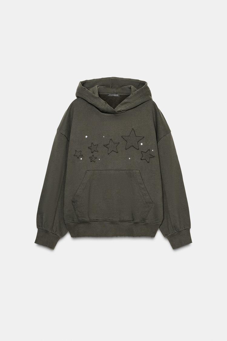 Olive Hood Leather Flare — WASHED SWEATSHIRT WITH STARS AND STUDS