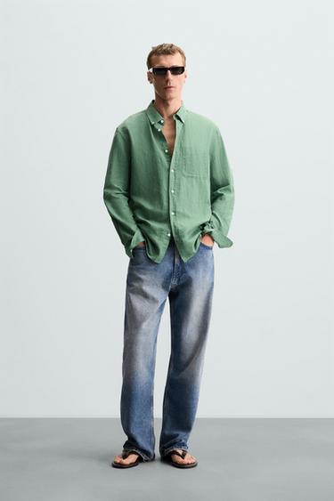 CAMISA LINO - ALGODÓN - VERDE de Zara - Imagen 0