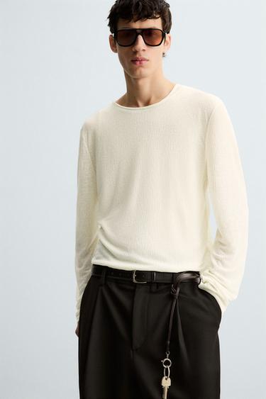SEMI-SHEER TEXTURED T-SHIRT - Ecru by Zara - Image 4