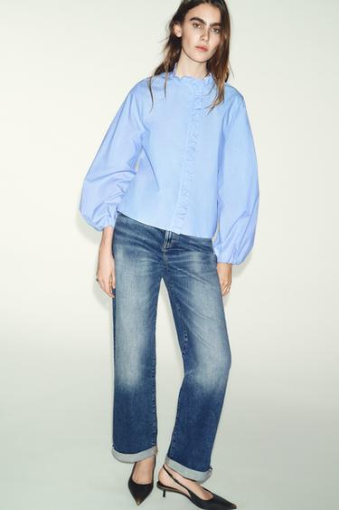 POPLIN BLOUSE WITH RUFFLES - Blue/White by Zara