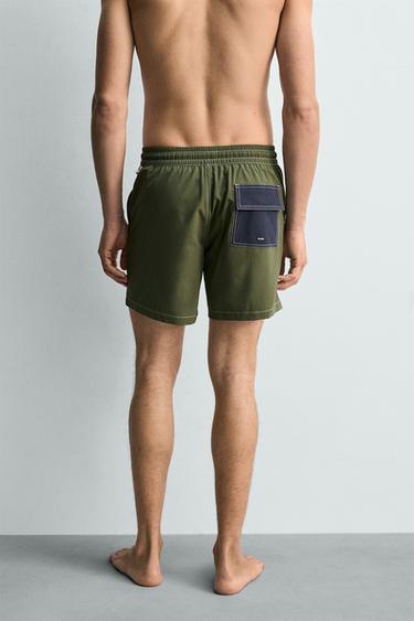 LONG COLOUR BLOCK SWIMMING TRUNKS - Green by Zara - Image 2