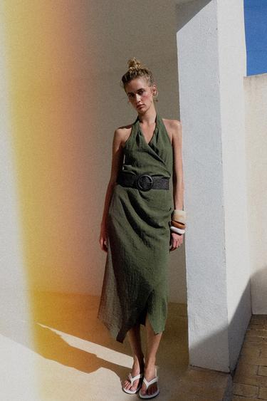 MIDI LINEN BLEND DRESS WITH BELT - Dark khaki by Zara