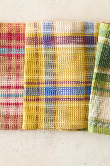 PACK OF CHECK WAFFLE-KNIT TEA TOWELS (PACK OF 3) - Green / Blue by Zara