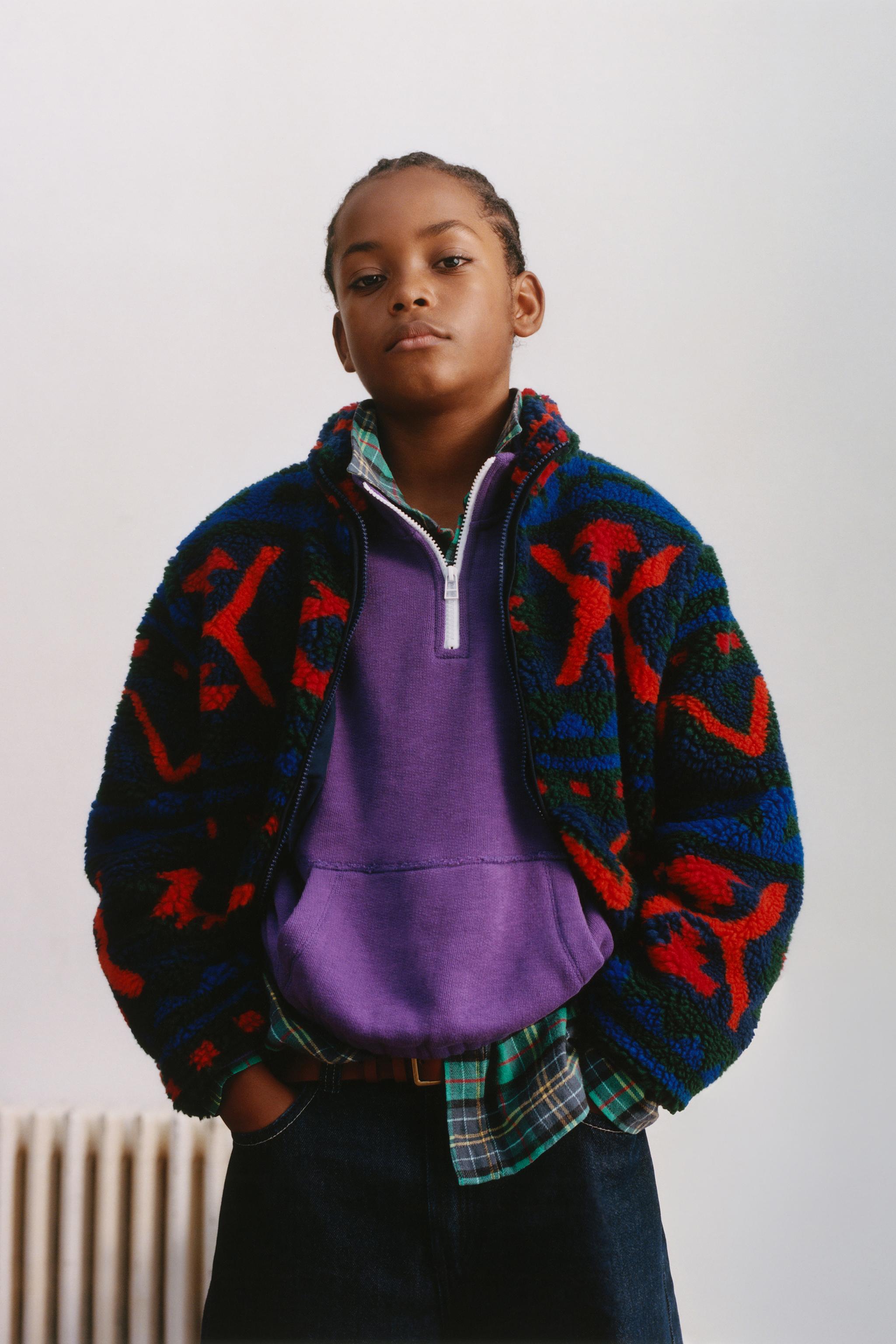 GEOMETRIC PRINT FAUX SHEARLING JACKET — Multicolored
