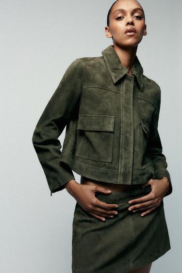 LEATHER JACKET WITH POCKETS - Khaki by Zara - Image 0