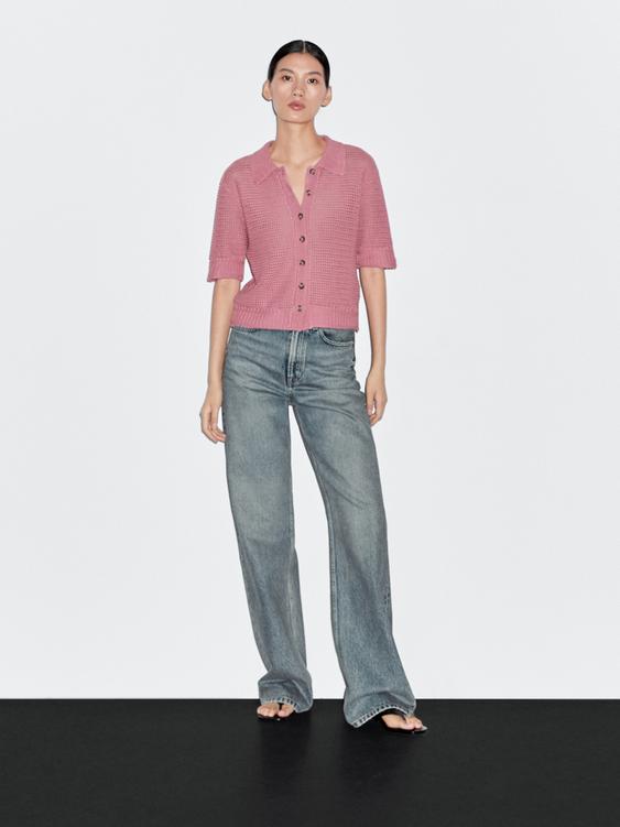 Cotton blend cutwork polo shirt