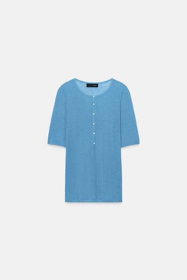 KNIT BUTTON-UP TOP - Light blue by Zara - Image 4