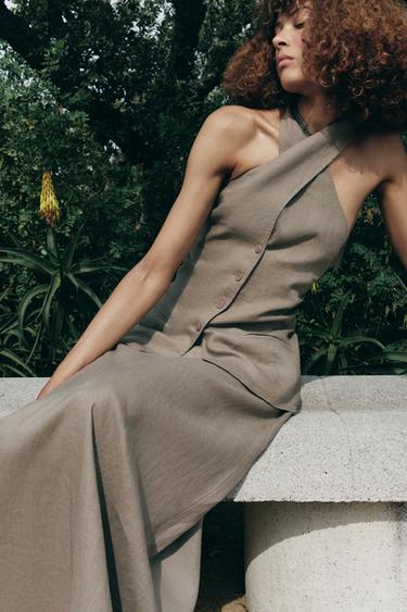 ZW COLLECTION 100% LINEN MIDI SKIRT - Mink by Zara