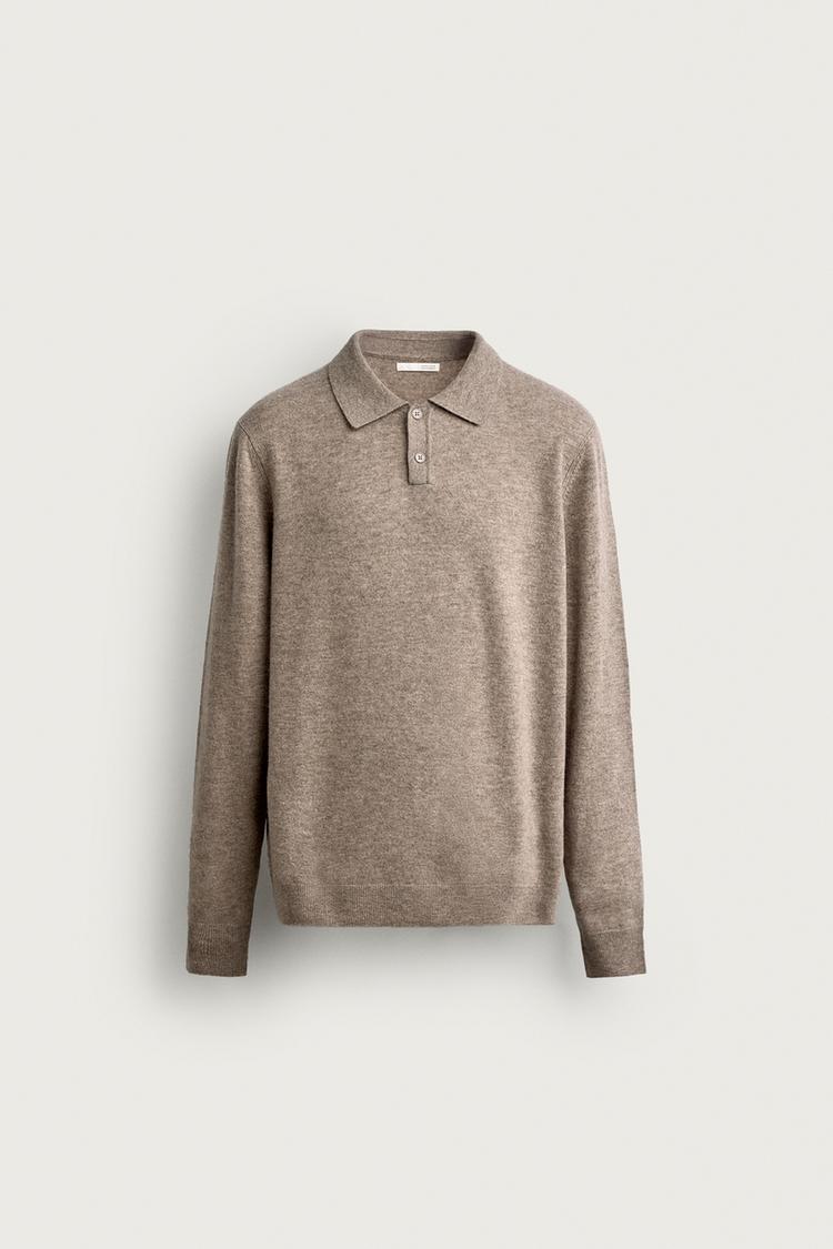 WOOL BLEND REGULAR FIT KNIT POLO — Tan marl