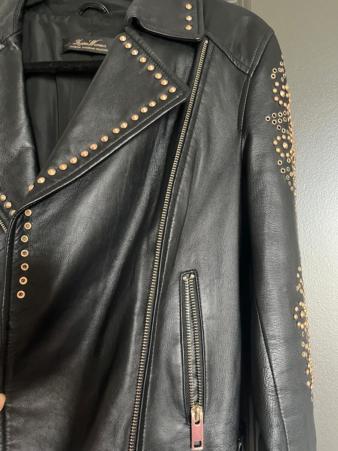 ZARA LAMBSKIN NAPA LEATHER BIKER JACKET ROCK STUD BUCKLE STRAP BLACK GOLD - Image 9