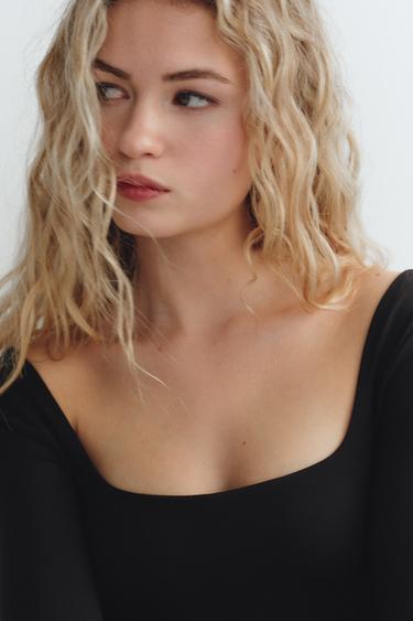 POLYAMIDE BODYSUIT WITH SQUARE NECKLINE - Black by Zara - Image 1