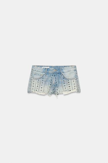 MID-RISE RIPPED STUDDED DENIM SHORTS — Light blue 1