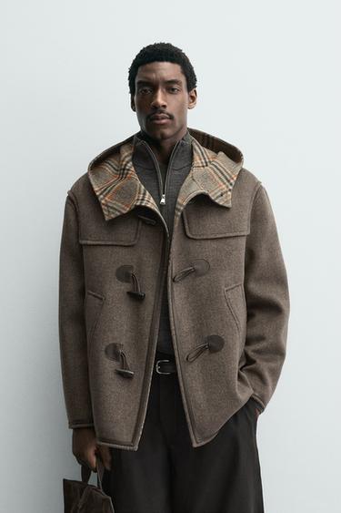 LIMITED EDITION CHECKED CONTRAST WOOL BLEND PEA COAT - Taupe by Zara