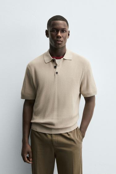 Zara PEARL KNIT POLO SHIRT - taupe brown