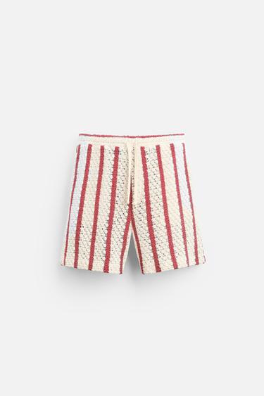 BERMUDA LISTRADA EM CROCHÊ - Branco / Vermelho da Zara