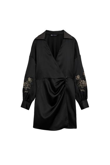 SATIN DRESS WITH EMBROIDERED SLEEVES