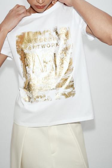METALLIC SHORT SLEEVE T-SHIRT - Golden by Zara - Image 2