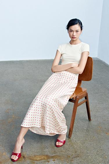 Zara 圓點緞面中長裙 - 裸色 / 紅色