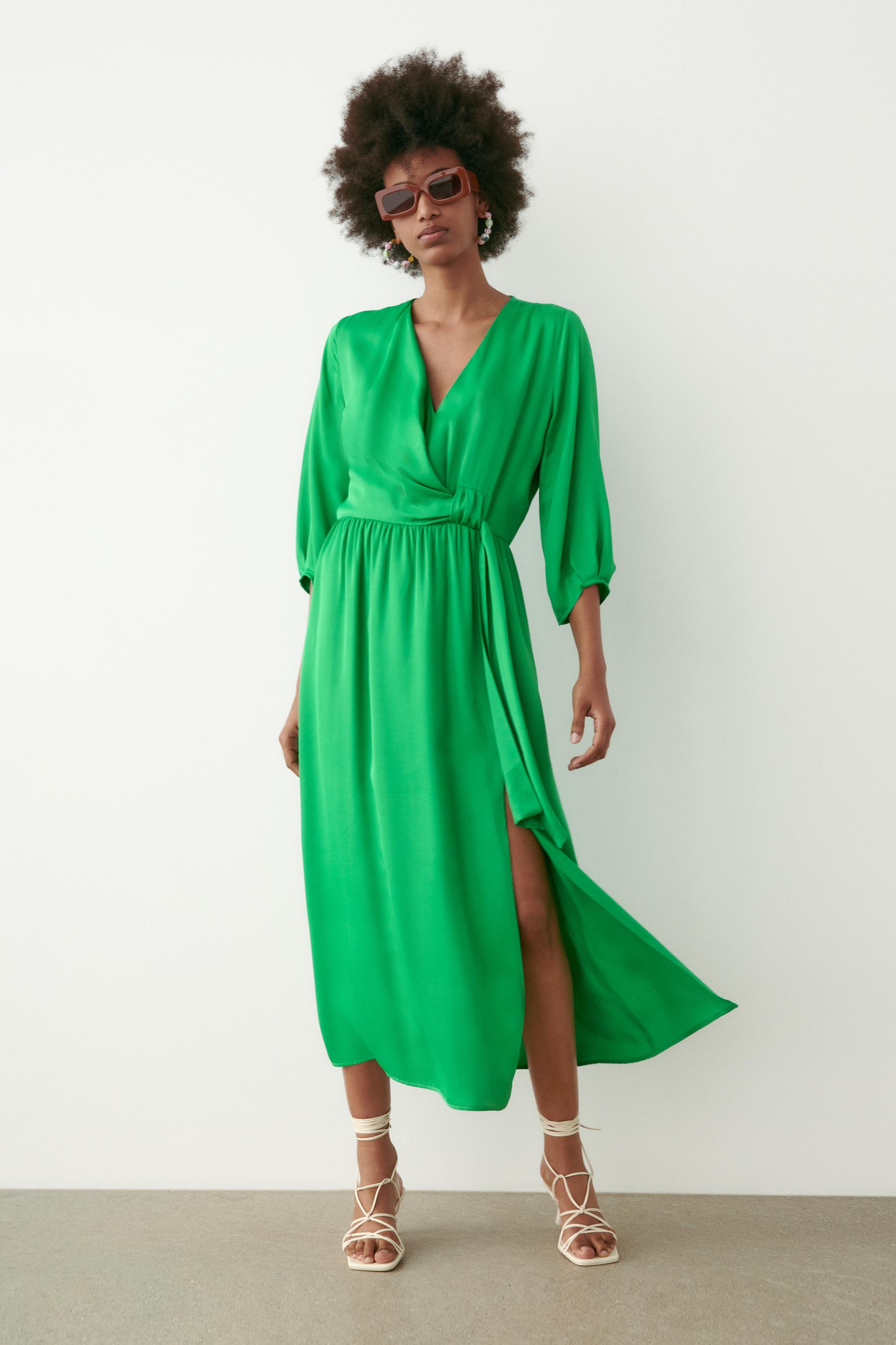 SATIN EFFECT DRESS WITH KNOT DETAIL Green ZARA Spain