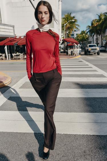 COTTON LONG SLEEVE T-SHIRT - Dark red by Zara