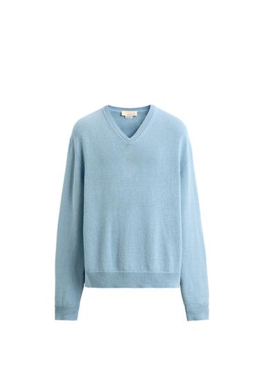 Zara V-NECK COTTON - LINEN JUMPER LIMITED EDITION - Light blue