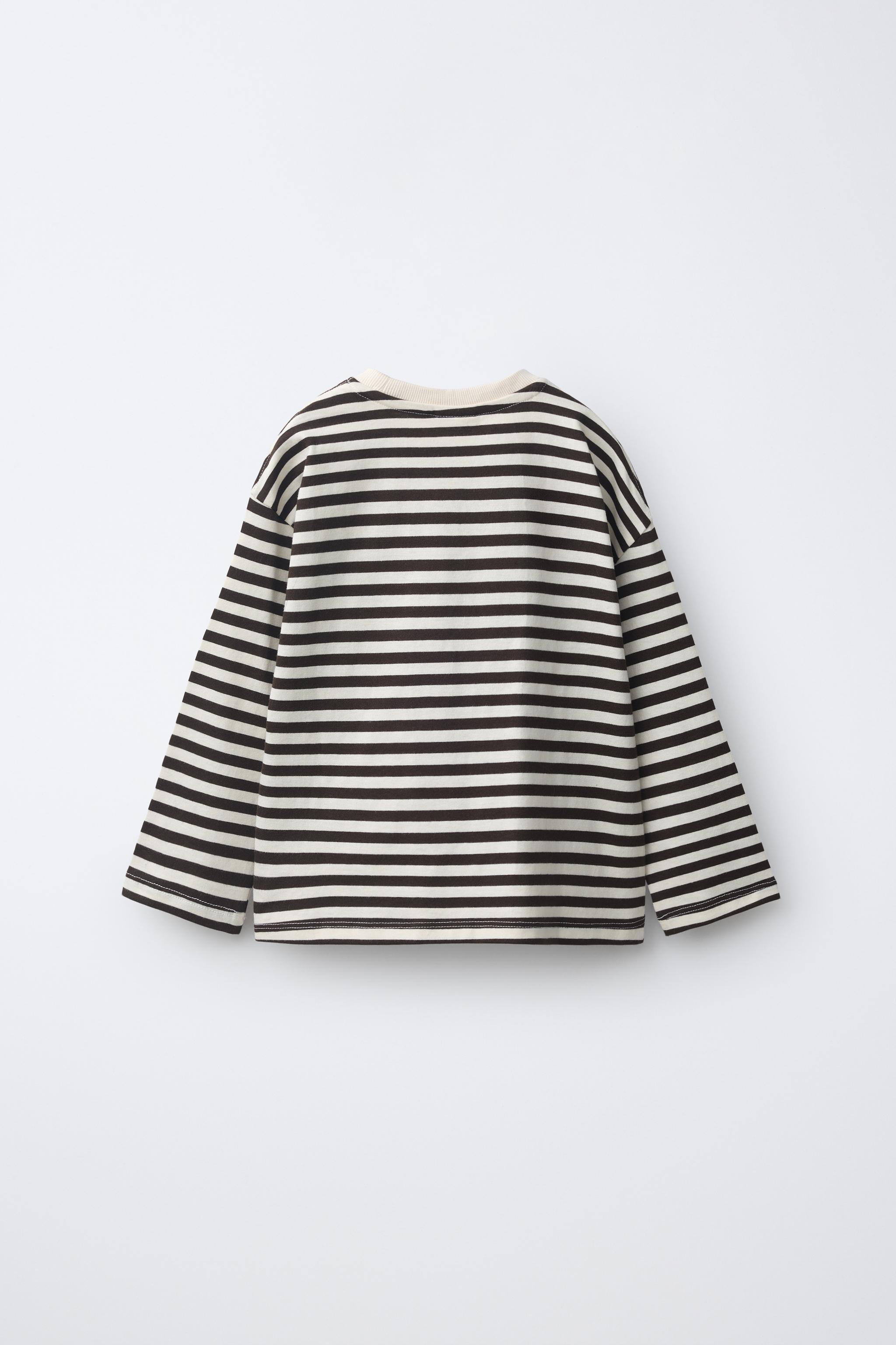 STRIPED EMBROIDERED FLOCKED TEXT T-SHIRT — Brown / Ecru
