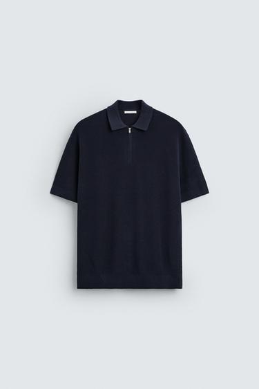 Zara PURL KNIT ZIPPER POLO SHIRT - Navy blue