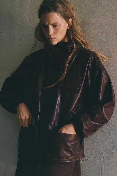 CHAQUETA PIEL 100% ZW COLLECTION LIMITED EDITION - Burgundy de Zara
