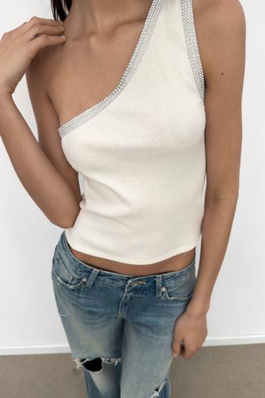 Zara SPARKLY ASYMMETRIC TOP - White